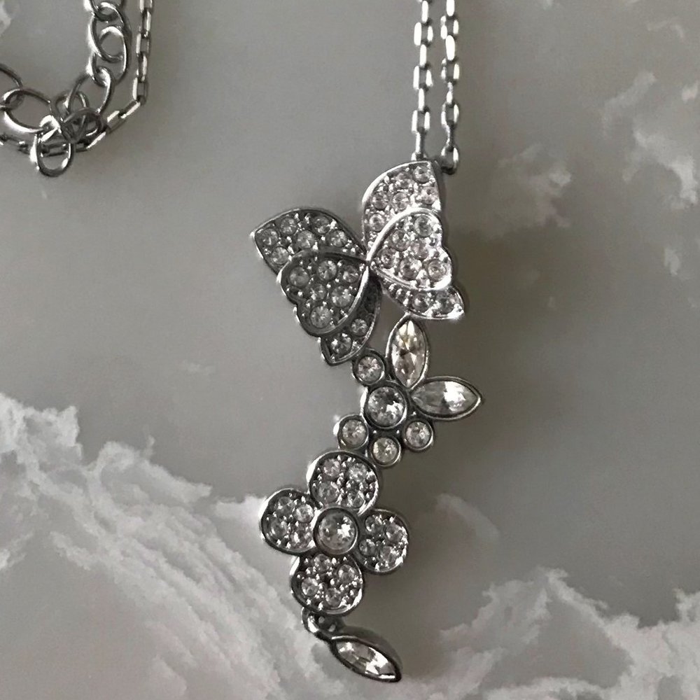 Atelier Swarovski crystal silver butterfly and flowers necklace